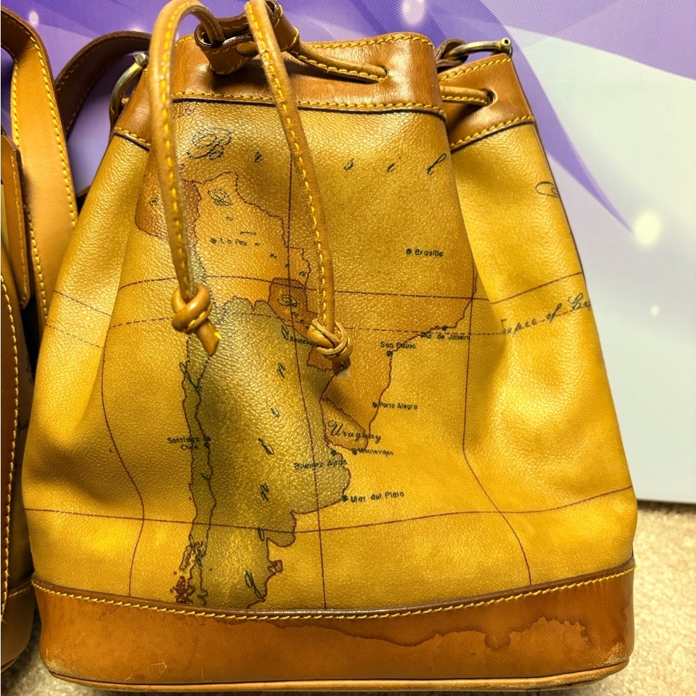 Leather Map Print Drawstring Bucket Bag - Yellow - Picture 7 of 8